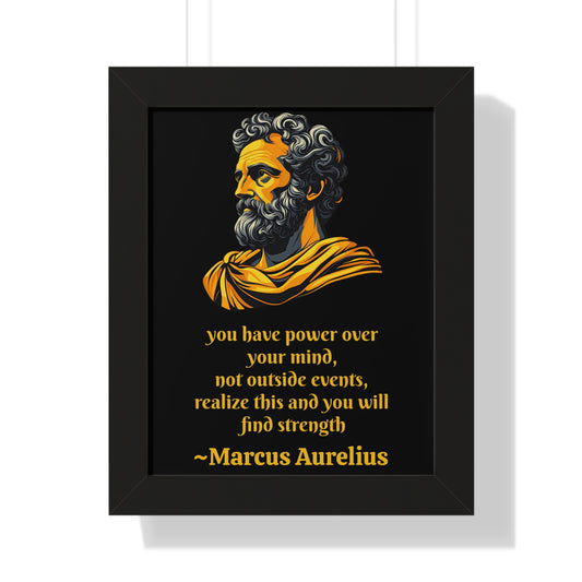 Marcus Aurelius Golden Bust Framed Artwork, Quote; You have power over your mind, not outside events.